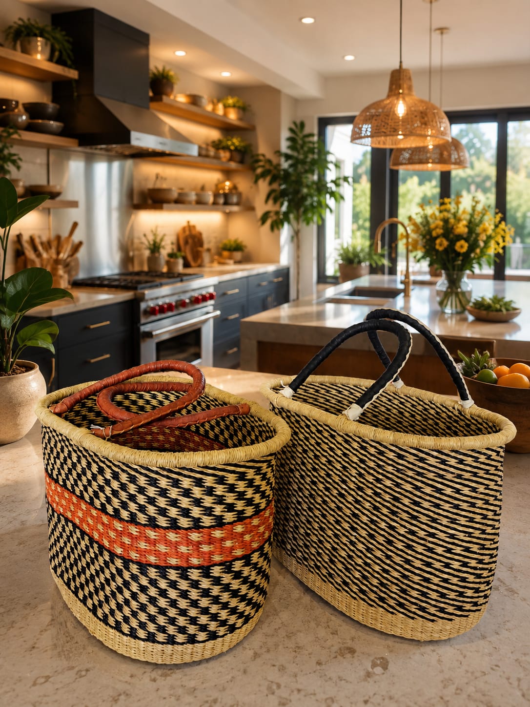 Hand-woven Bolga baskets on a kitchen counter