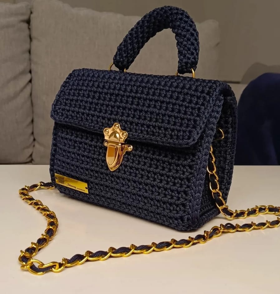 Crochet Top-Handle Bag — Navy & Gold