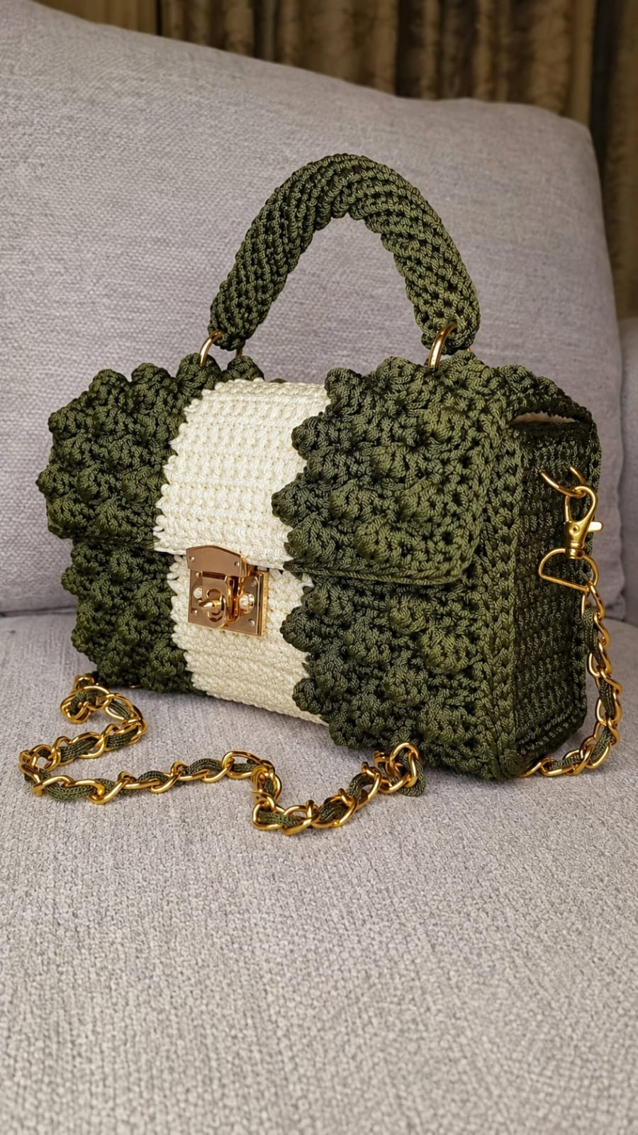 Crochet Bobble Handbag — Olive & Cream