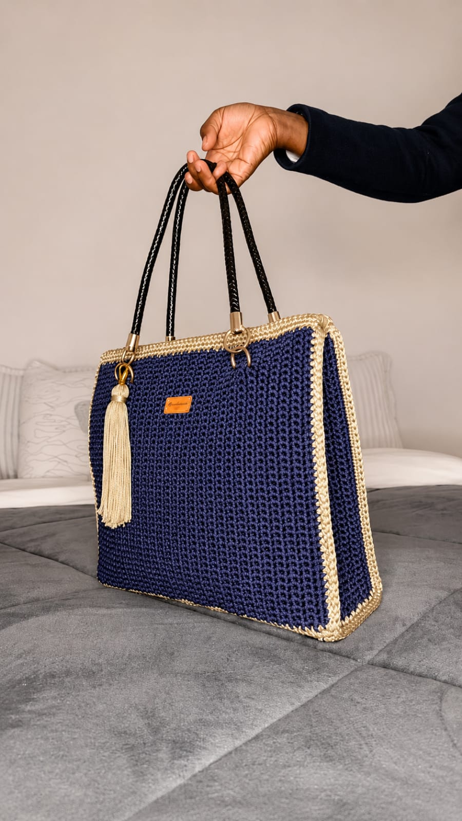 Crochet Work Tote — Navy & Gold