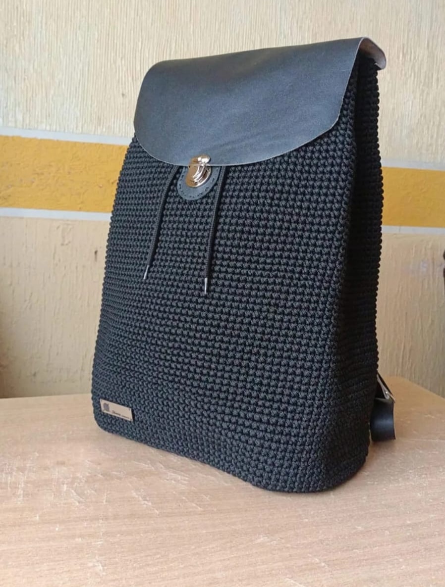 Crochet Flap Backpack — Black