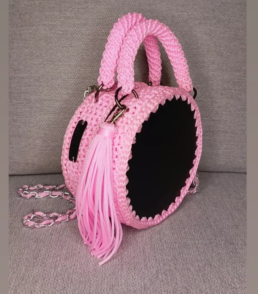 Crochet Round Tassel Bag — Blush Pink