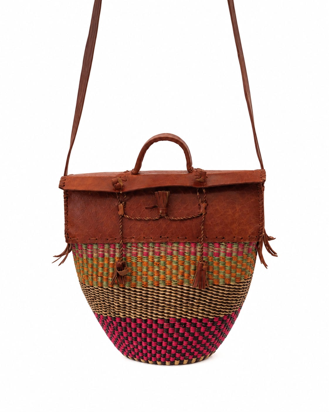 Leather-Top Bolga Shoulder Basket