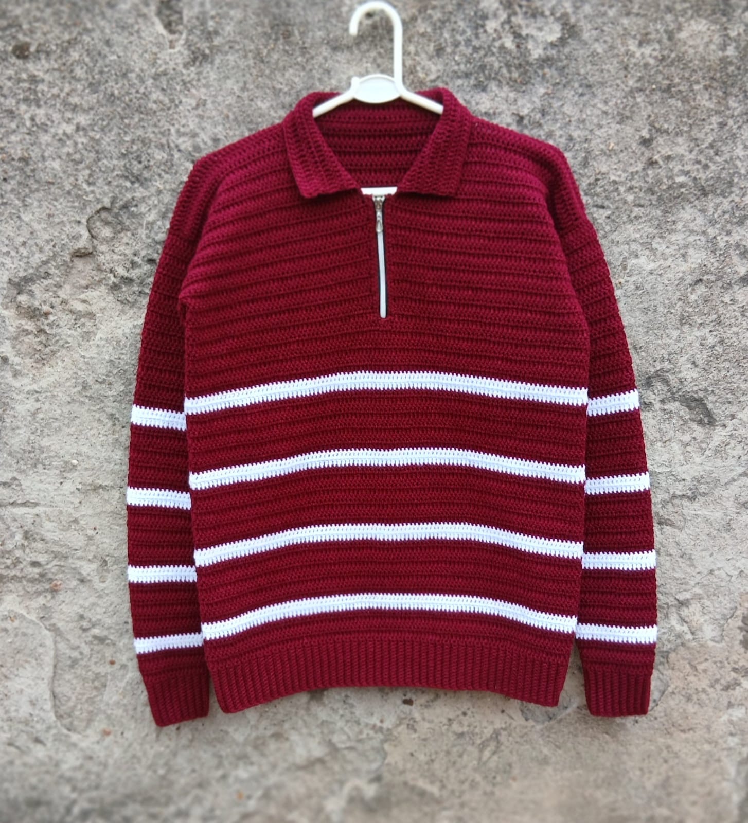 Crochet Quarter-Zip Polo — Burgundy Stripe