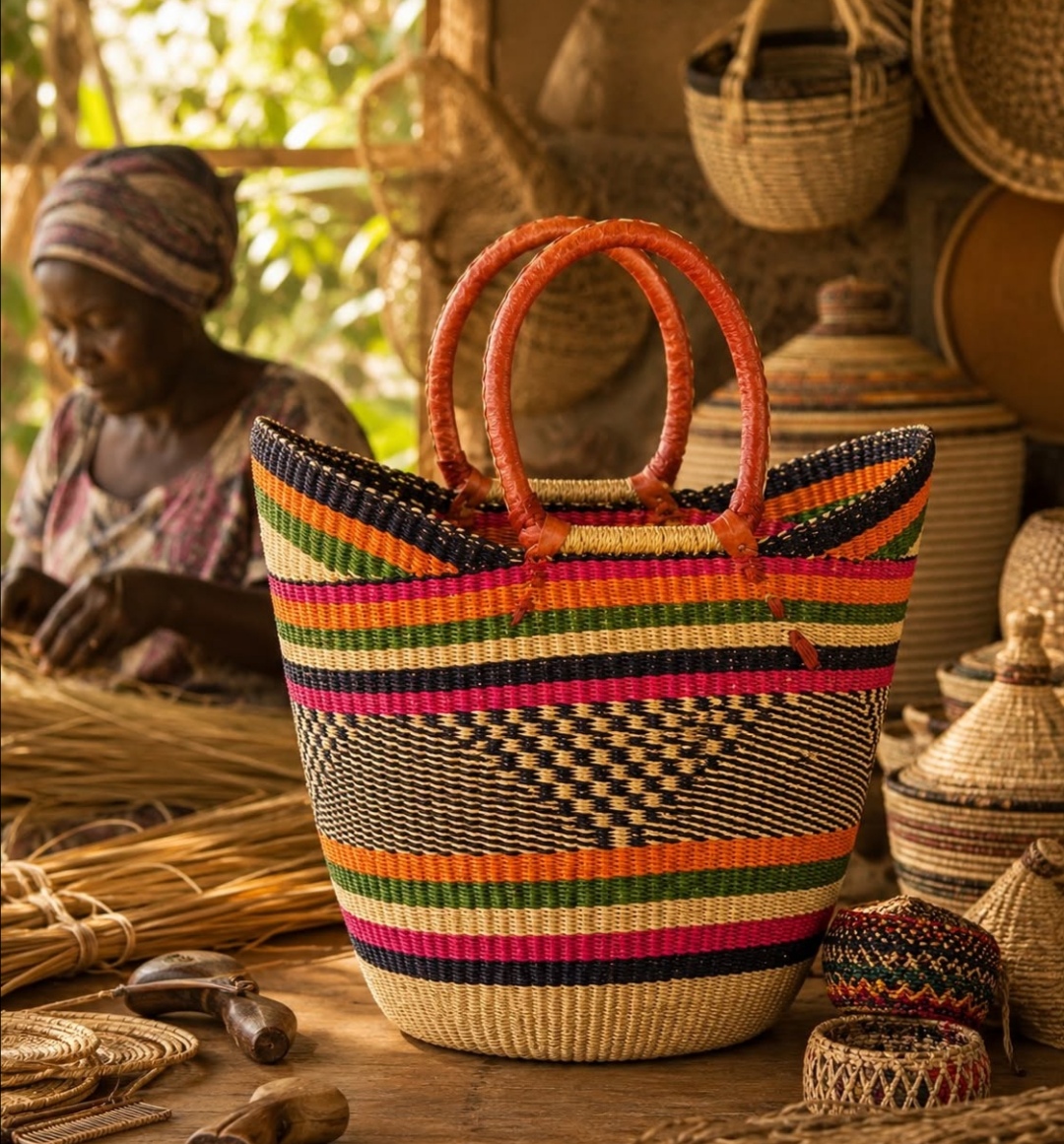 Colourful hand-woven u-shopper basket with leather handles