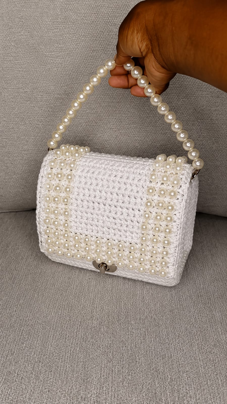 Crochet Pearl Flap Bag — Ivory